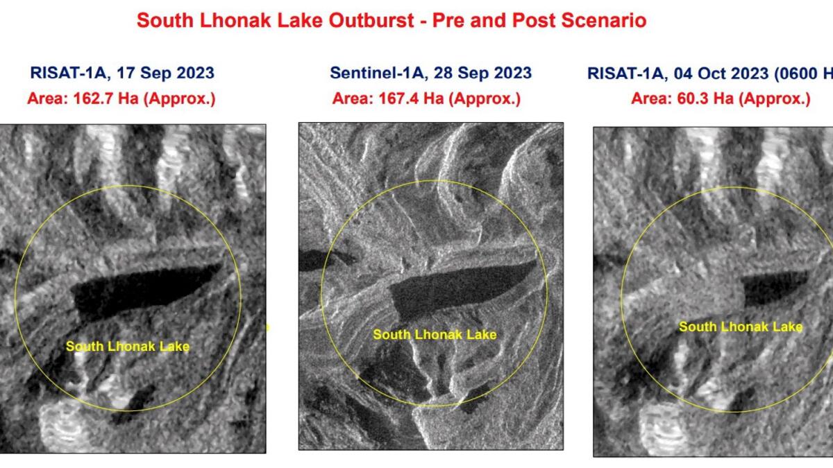 تُظهر صورة القمر الصناعي المجمعة سيناريو ما قبل وبعد انفجار بحيرة لوناك الجنوبية الذي تسبب في حدوث فيضان مفاجئ في حوض نهر تيستا في سيكيم.  الصورة: بي تي آي