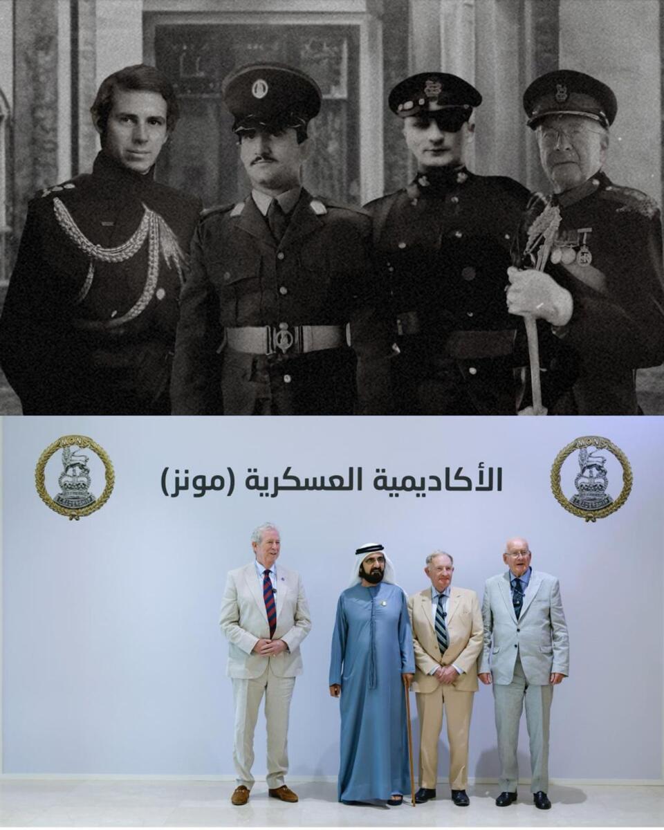 (أعلى) الشيخ محمد مع مدربيه في عام 1968؛ (أسفل): مع نفس الضباط في عام 2024؛ (من اليسار) العميد مارك آجار، الشيخ محمد، المقدم ريتشارد تشيتويند ستابيلتون؛ والعقيد ديفيد بروكس